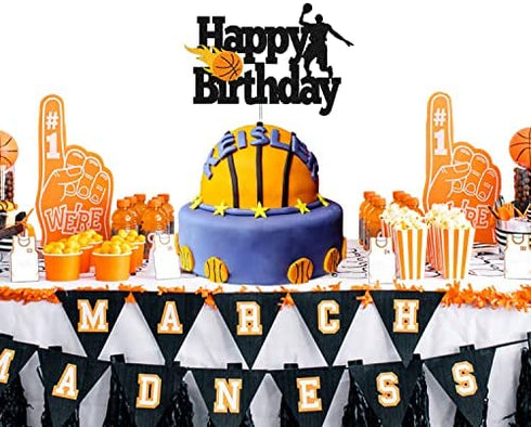 Basketball Cake Topper Happy Birthday Sign Basketball Player Scene Themed for Man Boy Birthday Party Supplies Double Sided Black Sparkle Decorations