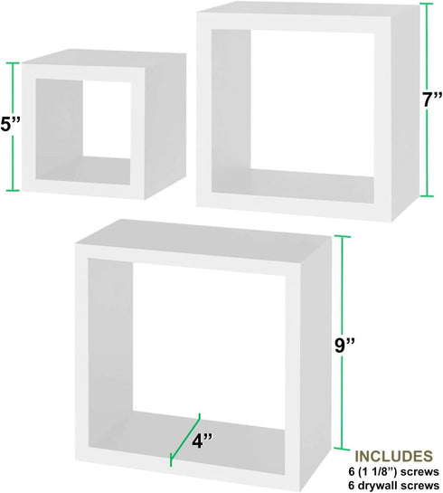 Greenco, White Set of 3 Wall Mounted Cube Floating Shelves, Finish