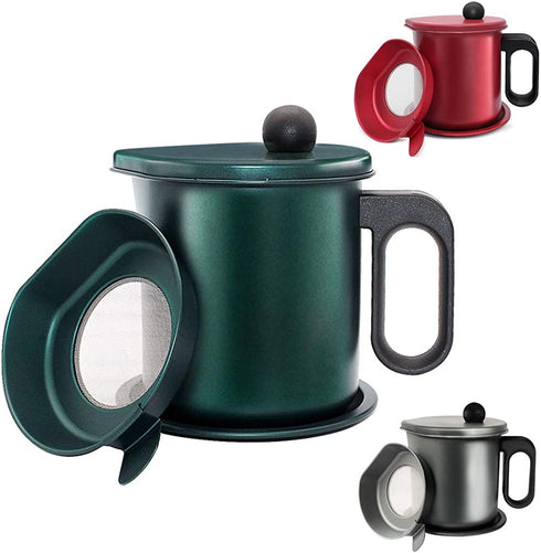 Bacon Grease Container,Oil Container Kitchen,Grease Can for Kitchen with Strainer, anti-scald handle and anti-slip coasters,Suitable for Storing Frying Oil(7 Cup Capacity, Green)