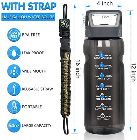 Big Motivational Half Gallon Water Bottle with Straw, BPA Free Resuable 64 OZ Water Bottle with Straw & Time Marker, 1/2 Gallon Sports Water Jug for Camping Hiking Fitness