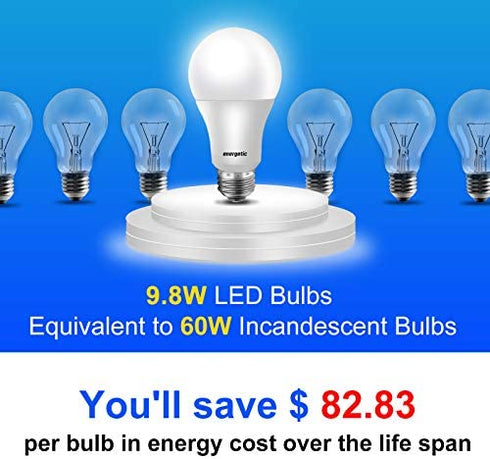 Energetic 60 Watt LED Light Bulb Daylight 5000K, Dimmable A19 LED Bulb, Energy Star Rated, CRI90+, 800lm, UL Listed, 6 Pack