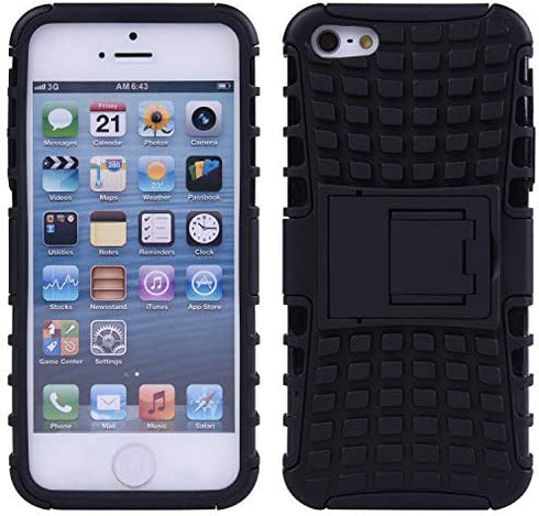 Wisdompro Case for iPhone SE 1st Generation, 2 in 1 Heavy Duty Hard PC Soft TPU Rugged Protective Cover with Foldable Kickstand for iPhone 5, for iPhone 5s, for iPhone SE 2016 - Black/Black