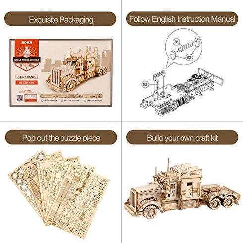 ROKR 3D Wooden Puzzle for Adults-Mechanical Car Model Kits-Brain Teaser Puzzles-Vehicle Building Kits-Unique Gift for Kids on Birthday/Christmas Day(1:40 Scale)(MC502-Heavy Truck)