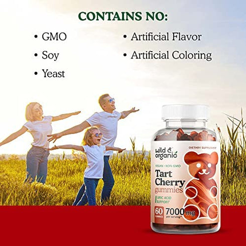 Wild & Organic Tart Cherry Gummies - Uric Acid Support and Joint Support Supplement with Vitamin C | Substitute to Tart Cherry Extract Capsules, Pills, Juice or Powder | Vegan, Gluten Free | 60 Chews