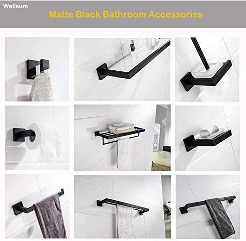 Wellsum Premium Stainless Steel Hand Towel Holder, Square Hand Towel Ring Heavy Duty Wall Mounted Modern Hand Towel Bar for Bathroom Kitchen, Matte Black