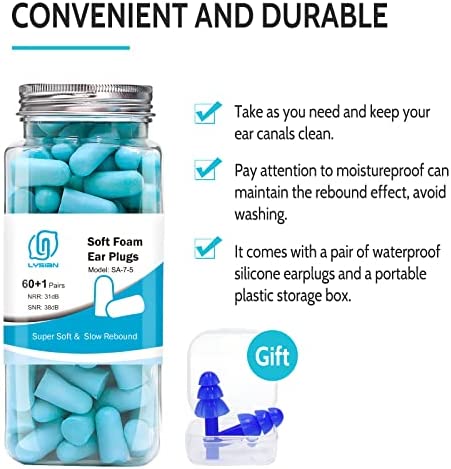 Lysian Ultra Soft Foam Earplugs 60 Pairs, 38dB SNR Ear Plugs for Sleeping, Travel, Shooting (Lake Blue)