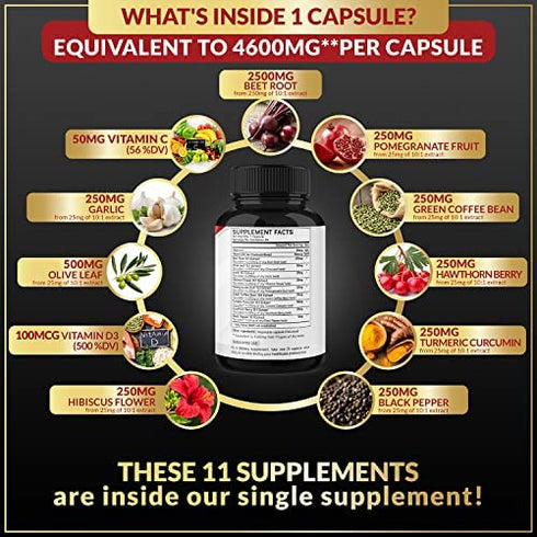Beet Root Capsules - 4600mg Herbal Equivalent - 11in1 Powerful Blend of Olive Leaf, Garlic, Turmeric - Supports Healthy Blood Pressure, Digestive, Immune System - 3 Months Supply