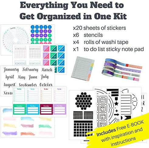 Ultimate Productivity Journal Supplies Kit - 31 Piece Set, Custom-Designed Supplies for Bullet Dotted Journals, Includes Stickers, Stencils, Washi Tapes and Sticky Notes by Sunny Streak
