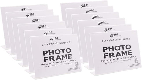 Photo Booth Frames - 7x5 Inch Clear Acrylic Display, Slanted Back 7x5 Horizontal Picture or Display Plastic Sign Holder with Inserts - 12 Count