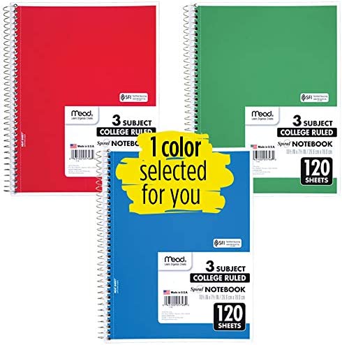 Mead Spiral Notebook, 3 Subject, College Ruled Paper(05748), 120 Sheets, 10-1/2" x 8", Assorted Color - 1 Count