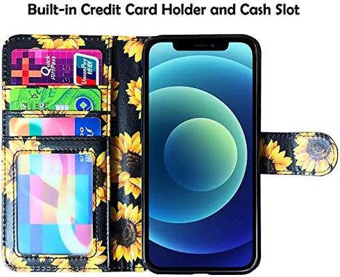 J.west Sunflower Wallet Case Compatible with iPhone 12 Pro Max 6.7", Yellow Vintage Floral Magnetic Leather Stand Wrist Strap 4 Card Holder ID Slots Pocket Flip Phone Case Cover for Women Girls