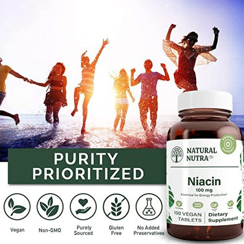 Natural Nutra Niacin as Nicotinic Acid (Vitamin B3) Supplement for Boost Energy, Improves Digestion, Brain Function Healthy, Non-GMO, Gluten-Free, 100 mg, 100 Tablets
