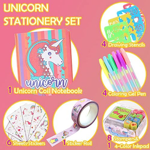 YOYTOO Unicorn Diary for Girls, Unicorn Stationery Set, Notebook, Pen, Stickers, Mini Stamps Set, Drawing Stencils, Unicorn Journal Gift for Drawing Writing for Girls Kids Ages 4-12