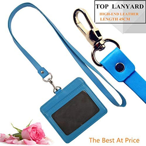 Lucstar Professional ID Badge Holder with Clip Lanyard Horizontal,Genuine Leather Badge Holder Heavy Duty, Clear Window Coach Name Holder for Women Men Work Student ID, Nurse Company(Azure)