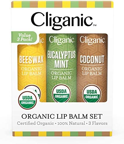 Cliganic USDA Organic Lip Balm Set - 3 Flavors - 100% Natural Moisturizer for Cracked & Dry Lips