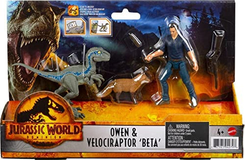 Jurassic World Dominion Owen and Velociraptor Beta Human and Dino Pack with 2 Action Figures and Accessories, Toy Gift Set and Collectible for Dinosaur Fans