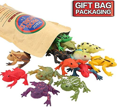 ValeforToy Frog Toys,12 Pack Mini Rubber Frog Sets,Super Stretches Material TPR with Gift Bag, Realistic Frog Figure Toys for Boy