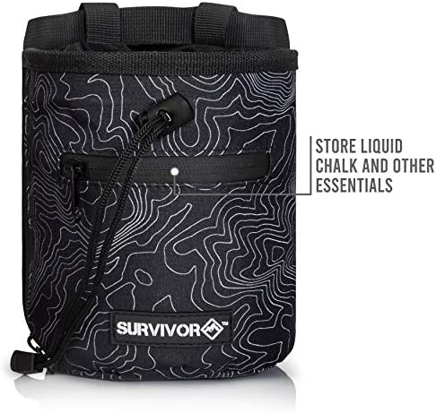 SURVIVOR Chalk Bag + Refillable Chalk Ball + Liquid Chalk - Draw String & 2 Zippered Pockets - Black Chalk Bag for Rock Climbing, Bouldering, Weightlifting with Hand Chalk Accessories for Extra Grip
