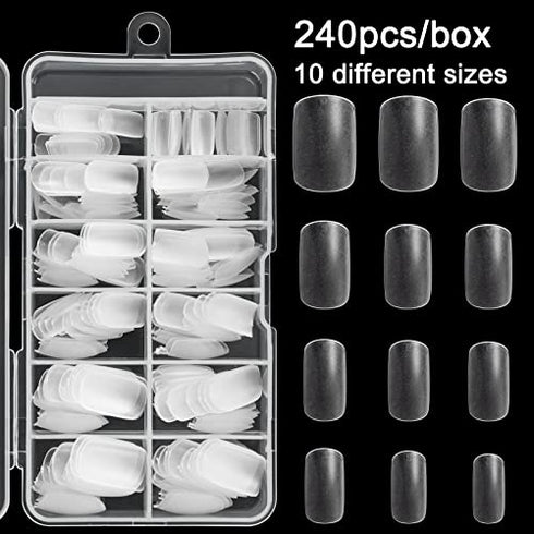 AORAEM Short Square Oval Nail Tips,240Pcs Full Matte Artificial Full Cover Soft Clear False Gel Nail Tips 10 Sizes with Box for Home DIY Nail Salon