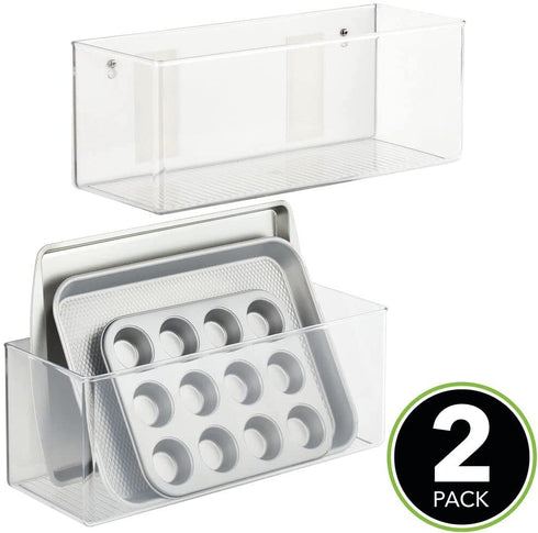 mDesign Plastic Adhesive Mount Storage Organizer Container for Kitchen or Pantry Wall Organization - Space Saving Holder for Sandwich Bags, Foil - 6 Inch Deep - Linge Collection - 2 Pack - Clear