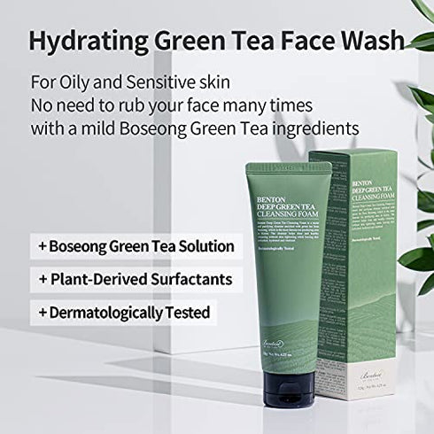 BENTON Deep Green Tea Cleansing Foam 120g (4.23 oz.) - Pore Tightening & Purifying Facial Foam Cleanser for Oily and Sensitive Skin, Smooth Finish without Irritation