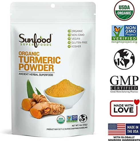Sunfood Superfoods Organic Turmeric Root Powder - 100% Pure Medicinal Herb with Curcumin - 4 oz Bag