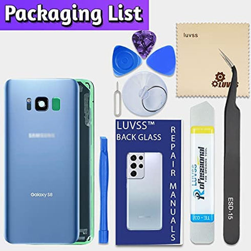 LUVSS Rear Glass for Samsung Galaxy S8 SM-G950 Back Glass Panel Replacement + Camera Glass Cover Case Housing + Repair Manual DIY Tools Kit (Black)