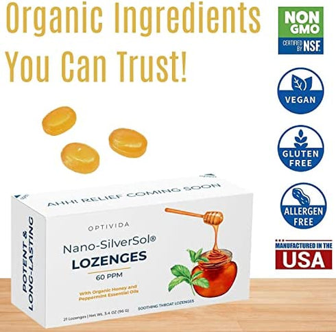 OPTIVIDA Health Original Natural Premium Nano-Silver Lozenges 60PPM,Oral Health, Supports Immune System, Fast-Acting Cough Drops with Lemon Oil, Organic Honey and Peppermint Oil (1 Pack)