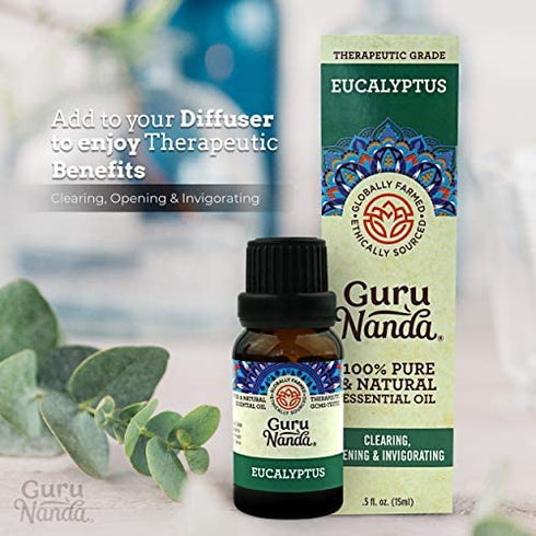 GuruNanda Eucalyptus Essential Oil (Pack of 2X 15 ml) - Pure Therapeutic Grade Eucalyptus Oil for Congestion Relief, Perfect for Aromatherapy, Calming Stress, Diffuser Oil, Hair Care & Skin Care Oil