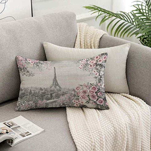 HOSNYE Eiffel Tower Throw Pillow Cover Gray and Pink Oil Painting for Paris Summer Gentle City Landscape Flower Roses and Leaf Linen Fabric for Couch Bed Sofa Car Waist Cushion Cover 12 x 20 inch
