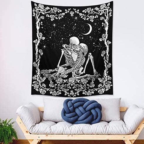 Wonrizon The Lovers Skull Tapestry,Black and White Romantic Constellation Skeleton Tapestries Wall Hanging decor for Living Room Bedroom (51.2”x 59.1”)