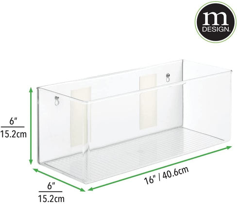 mDesign Plastic Adhesive Mount Storage Organizer Container for Kitchen or Pantry Wall Organization - Space Saving Holder for Sandwich Bags, Foil - 6 Inch Deep - Linge Collection - 2 Pack - Clear