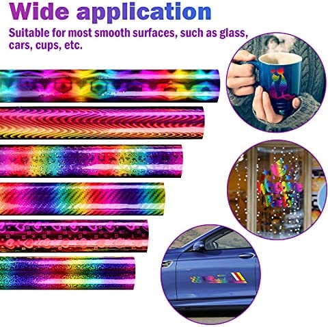 Holographic Rainbow Adhesive Vinyl Roll 6 Sheets 12" x 10" Metallic Glitter Permanent Craft Vinyl Sheets Strips Adhesive Printed Vinyl for DIY Gifts Signs Crafts Easy to Cut & Weed