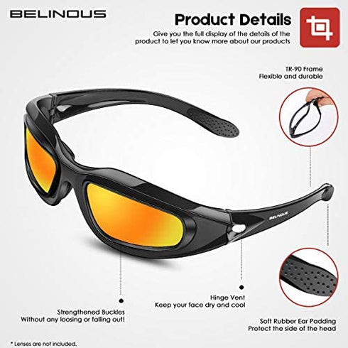 BELINOUS Polarized Motorcycle Riding Glasses Goggles for Men Foam Padding, Windproof Anti-dust Sunglasses w/ 4 Interchangeable Lens Kit & Case, Protective Eyewear for Driving Biking Day and Night