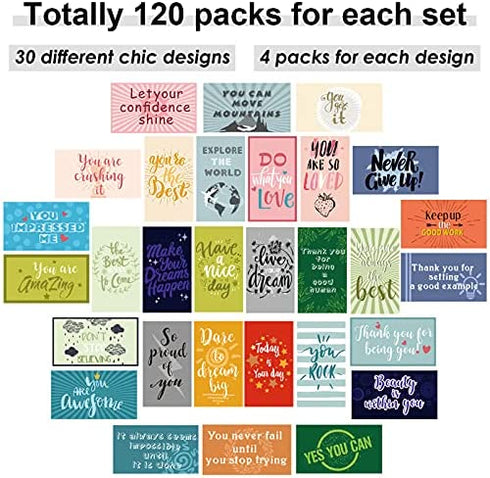 120 Pcs Motivational Encouragement Quote Cards Inspirational Kindness Appreciation Gratitude Business Cards Encouragement Mini Note Cards for Student Kids Teachers, 30 Styles (Bright Style)
