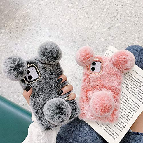 LUVI for iPhone 12 Mini Plush Furry Case Fuzzy Fluffy Ball Rabbit Fur Hair Cute Cartoon Bear Ear with Bling Glitter 3D Diamond Bowknot Camera Protection Cover for iPhone 12 Mini 5.4 inch Pink
