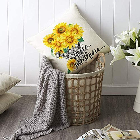 Hexagram Rustic Sunflower Pillow Covers 18 x 18 Set of 4 Decorative Farmhouse Cow Truck Design Soft Linen Throw Pillow Cover Cushion Case for Sofa Bench Living Room Indoor Outdoor Home Decor