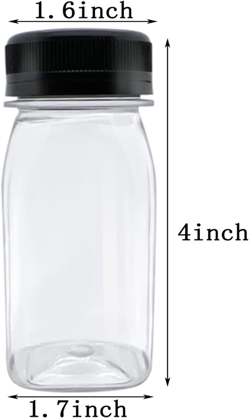 24 Pcs 4 Ounce Plastic Juice Bottles, Reusable Bulk Beverage Containers for Juice, Milk and Other Beverages, Black lid