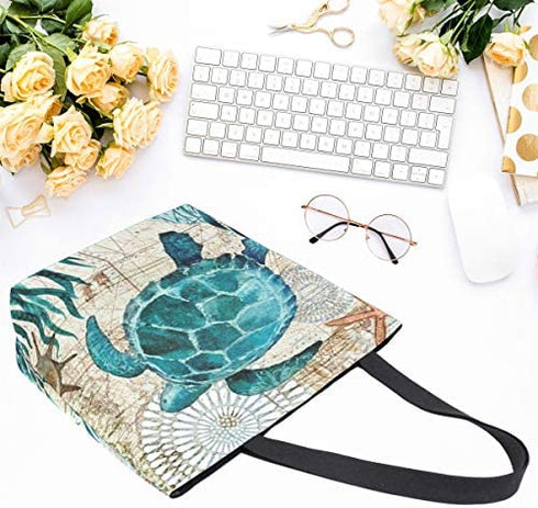 Naanle Ocean Turtle Canvas Tote Bag Large Women Casual Shoulder Bag Handbag, Sea Turtle Reusable Multipurpose Heavy Duty Shopping Grocery Cotton Bag for Outdoors.