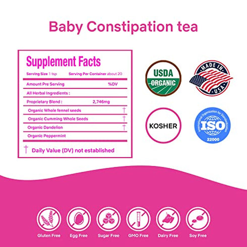 Secrets Of Tea Baby Constipation Relief Tea - Natural USDA Organic Caffeine Free - Tea for Baby Colic, Gas ,And Acid Reflux - Up to 80 Servings -20 Count(1 Pack)