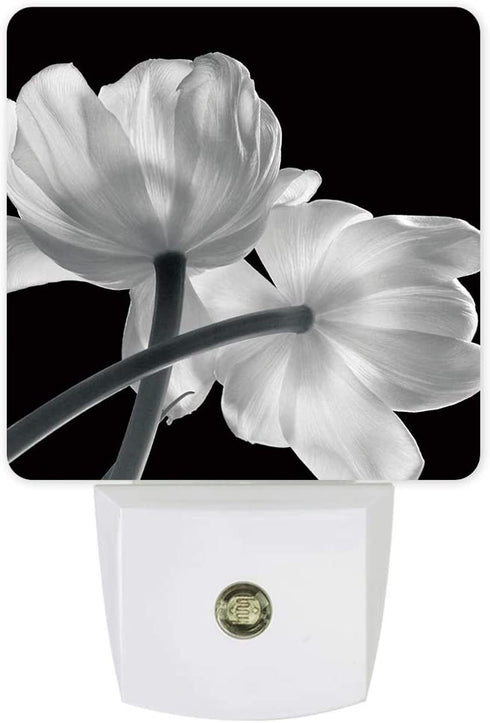 Plug-in Night Light Lamp with Sensor, Flower Art Grey and White Tulip, Wall LED Nightlights Auto Dusk to Dawn Sensor for Bedroom, Baby Nursing, Bathroom, Hallway, Stairs Home Decorative Black
