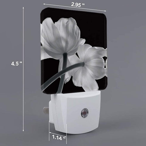 Plug-in Night Light Lamp with Sensor, Flower Art Grey and White Tulip, Wall LED Nightlights Auto Dusk to Dawn Sensor for Bedroom, Baby Nursing, Bathroom, Hallway, Stairs Home Decorative Black