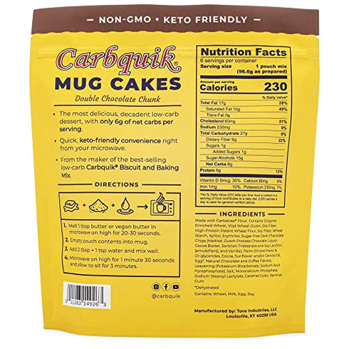 Carbquik Keto Mug Cakes (6 Pack) Keto-Friendly Dessert, Low in Net Carbs, Rich Chocolate Flavor, Ready in Just 90 Seconds, Nut-Free (Double Chocolate Chunk)