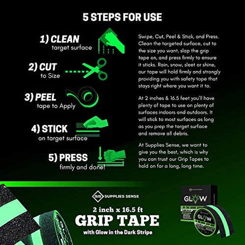 Anti-Slip Grip Tape Strips 2"x16.5ft, Non-Slip Traction Tape, Weatherproof Safety Adhesive Grip Treads with Glow in the Dark Strip, In/Outdoor Abrasive Tape for Stairs, Non-Skid Steps - Supplies Sense