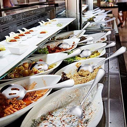 6 Pack Serving Spoons Set Includes 2 Serving Spoons 2 Slotted Serving Spoons and 2 Serving Forks Stainless Steel Buffet Dinner Restaurant Serving Spoons Set for Party Banquet, 8.7 Inch (Silver)