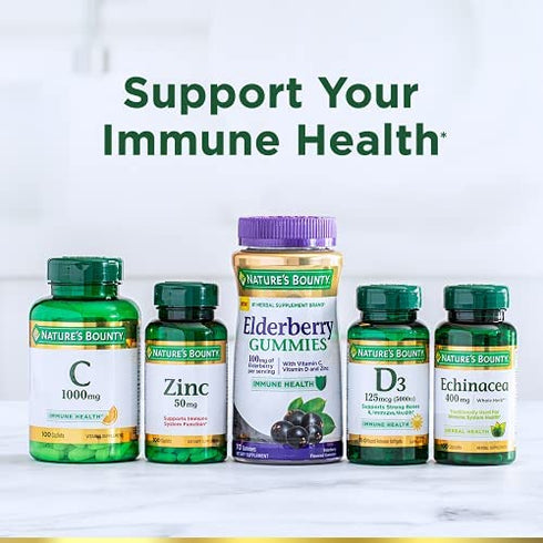 Elderberry Gummies by Nature's Bounty, Dietary Supplement, Supports Immune Health, Contains Vitamin A, C, D, E and Zinc, 100 mg, 70 Gummies