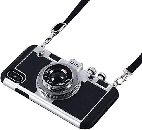 Awsaccy Emily in Paris Phone Case iPhone XR Camera Case Vintage Cover Cute 3D Cool Unique Camera Design Case PC Silicone Cover with Removable Neck Strap Lanyard for Girls Women Black