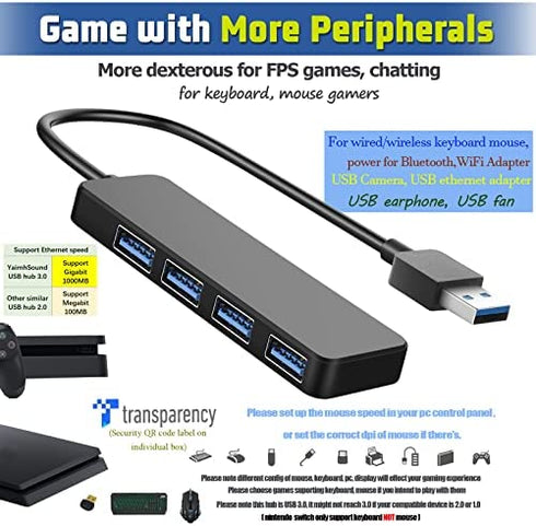 4-Port USB Hub 3.0, T-Sound USB Splitter for Laptop, Ps4 Keyboard and Mouse Adapter for Dell, Asus, HP, MacBook Air, Surface Pro, Acer, Xbox, Flash Drive, Mobile HD, Console, Printer, Camera