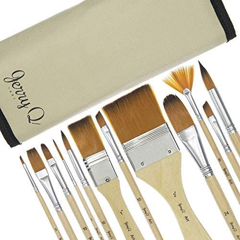 Jerry Q Art 24 Pcs Artist Paint Brush Set with Free Carry Pouch for Watercolor, Acrylic, Oil and All Media, Suitable for Canvas, Paper, Ceramic, Golden Nylon Hair, Wood Handles JQ-B24