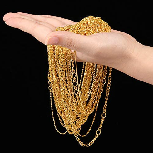 Blulu 24 Pieces Various Styles Gold or Silver Plated DIY Chain Necklace for Jewelry Making Supplies and Craft (18 Inch, Gold)
